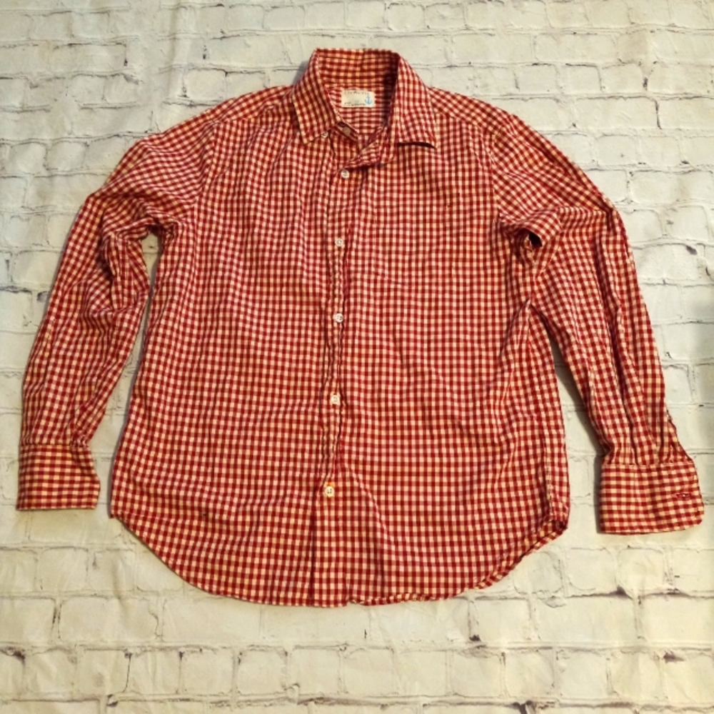 EUC Boys 12 Crewcuts Red Gingham Long Sleeved Button Up Shirt